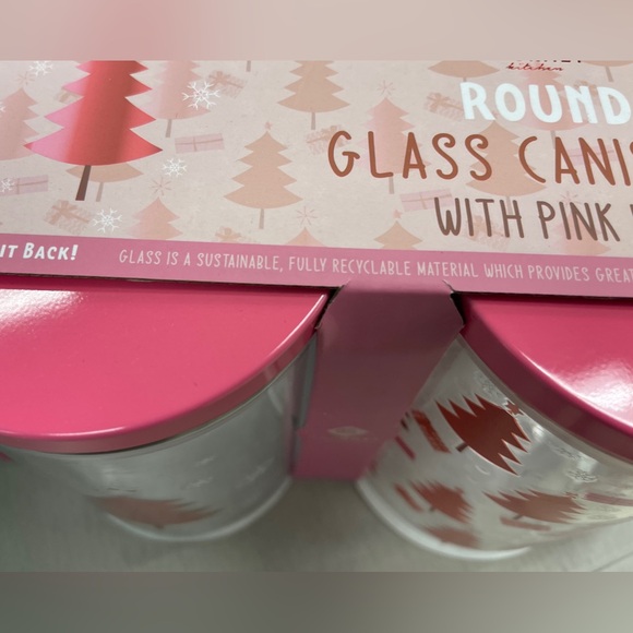 Pink Christmas Trees Glass Canister Jars with Pink Lids Set of 2 NWT 33.8 oz - Picture 2 of 3